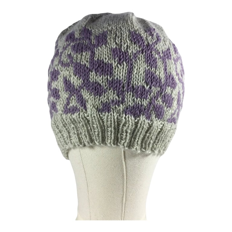 floral purple hat, stranded beanie, Norwegian toque, Scandinavian skull cap, 