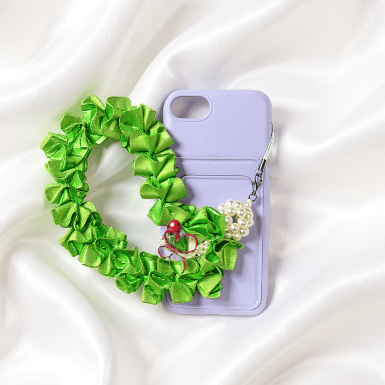 Handmade Green Satin Ribbon Phone Strap with Pearls, Seed Beads & Red Bell Charm
