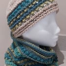 Handknit chunky wool hat and cowl set col 06 Cream