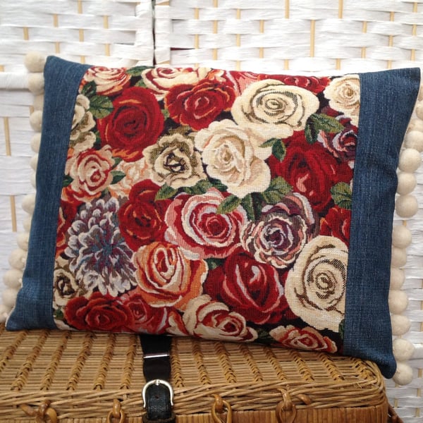 Roses bolster style cushion, tapestry and denim, complete cushion
