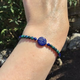 Lapis Lazuli Azurite and Sterling silver beaded gemstone dainty elastic bracelet