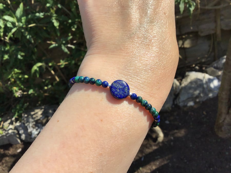 Lapis Lazuli Azurite and Sterling silver beaded gemstone dainty elastic bracelet