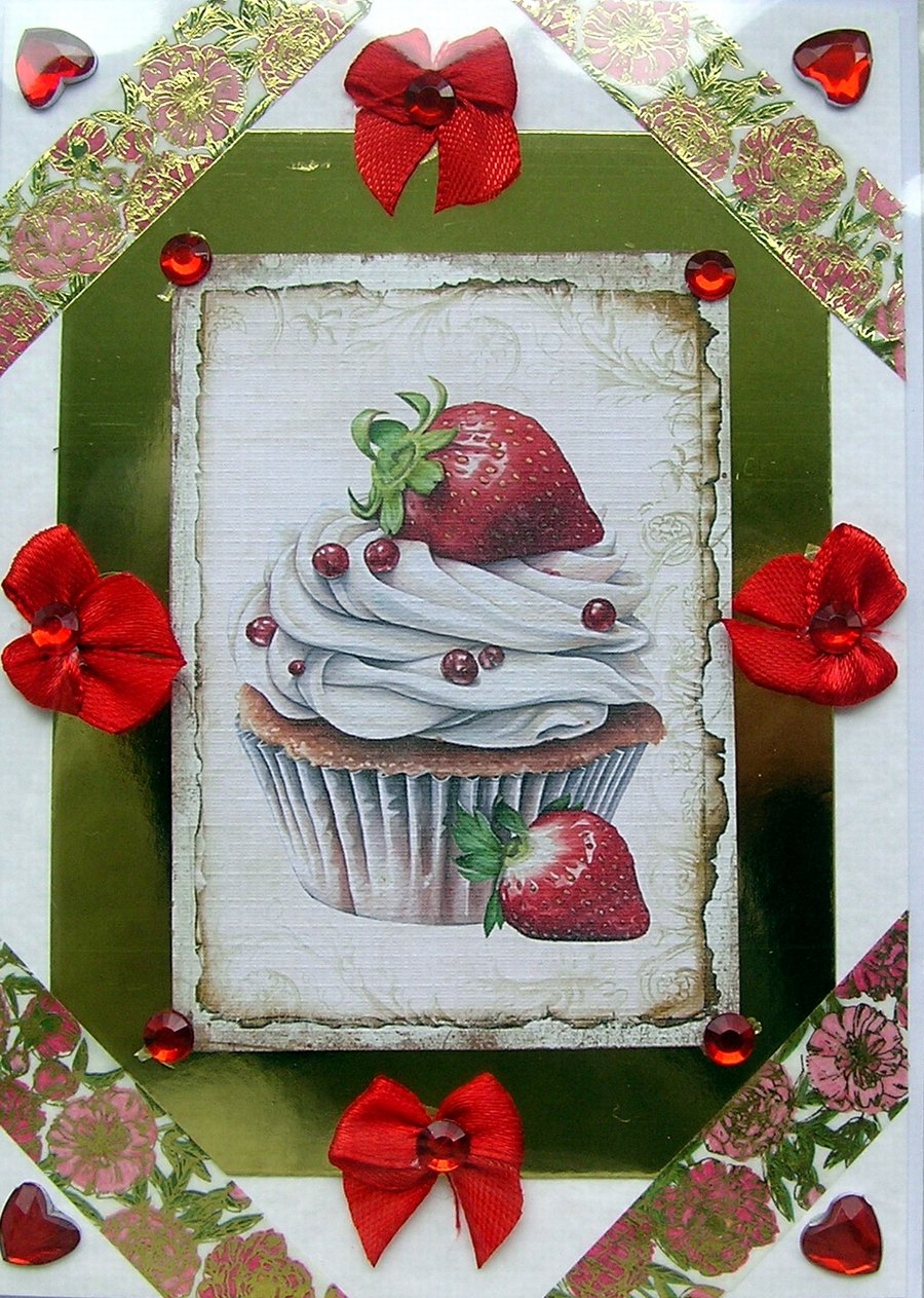 Summer Cupcake - Hand Crafted Decoupage Card - Blank for any Occasion (2665)