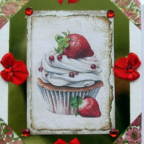 Summer Cupcake - Hand Crafted Decoupage Card - Blank for any Occasion (2665)