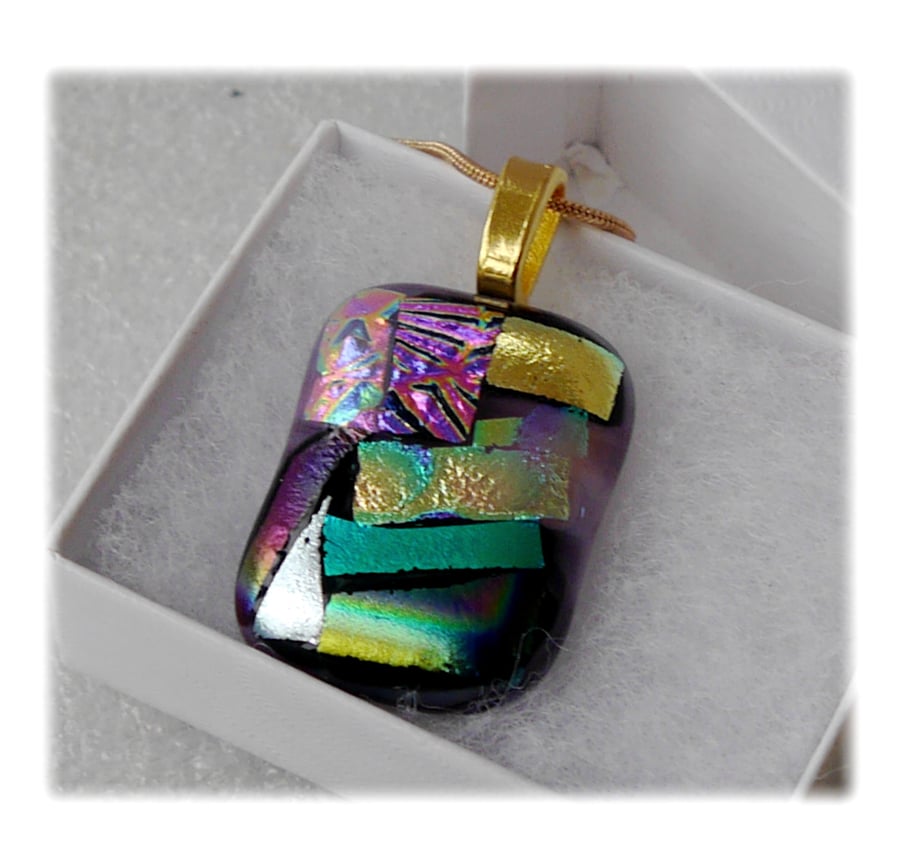 Dichroic Glass Pendant 146 Patchwork Gold with gold plated chain