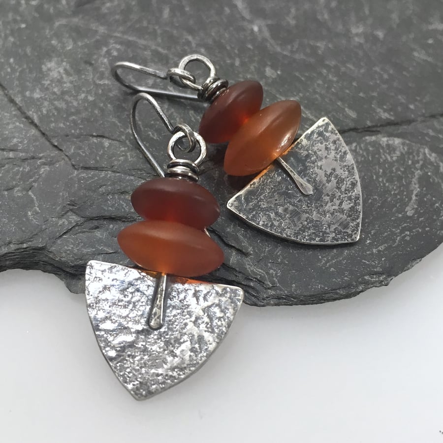Oxidised silver and matte orange agate Shovel earrings