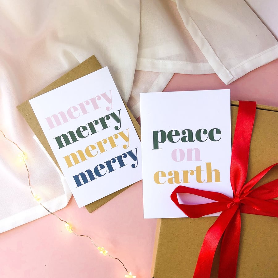 Peace on Earth, Merry Merry Christmas Cards Pack of 2, 4, 6 A6 