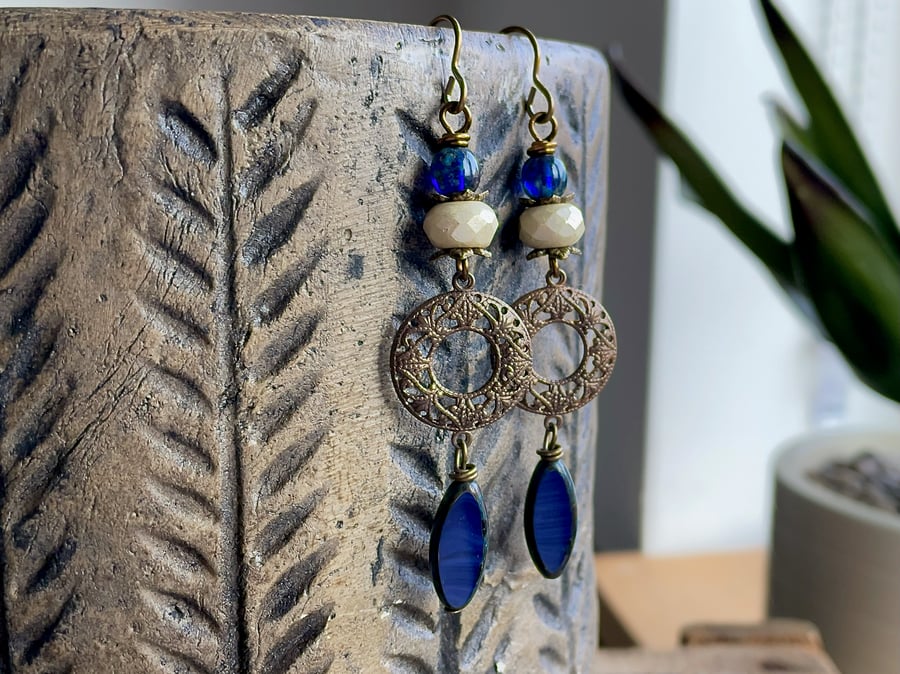 Dark Blue Marquise Shaped Czech Glass Earrings. Elegant Brass Earrings