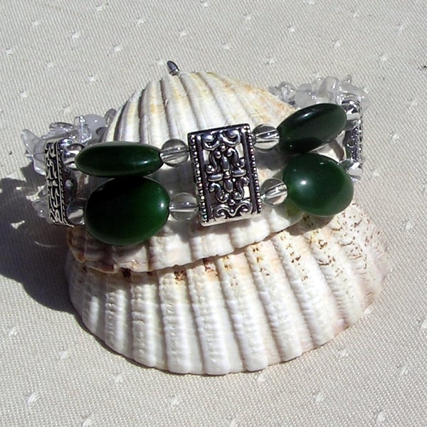 Green Nephrite Jade & Clear Quartz Gemstone Crystal Bracelet "Fabiana"
