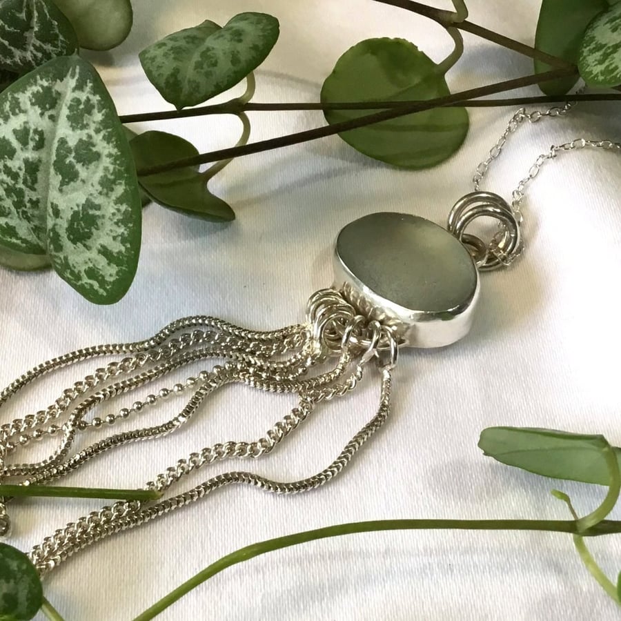 Handcrafted Silver Jellyfish Pendant with Blue-green-Grey Seaham Sea Glass 