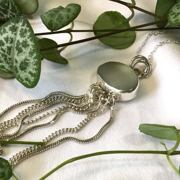 Handcrafted Silver Jellyfish Pendant with Blue-green-Grey Seaham Sea Glass 