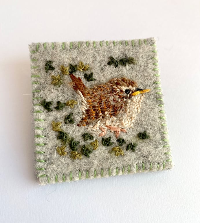 Wren brooch embroidered and needle felted wool felt