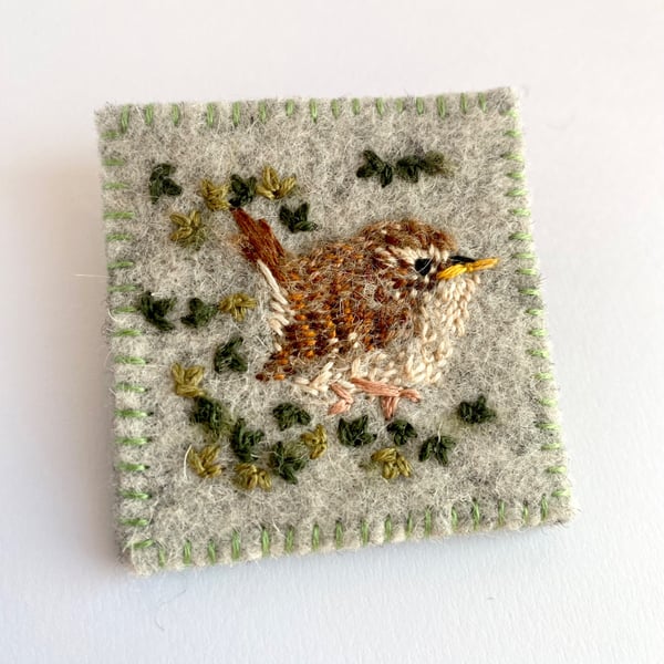 Wren brooch embroidered and needle felted wool felt