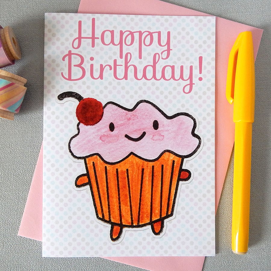 Happy Birthday Cupcake - Kawaii Card