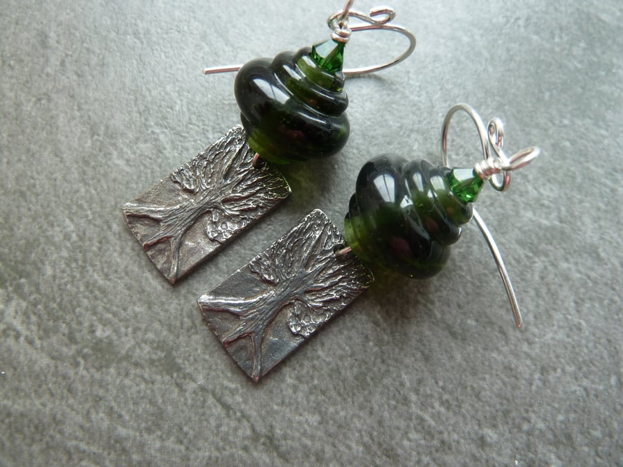 sterling silver, green lampwork , pewter tree earrings