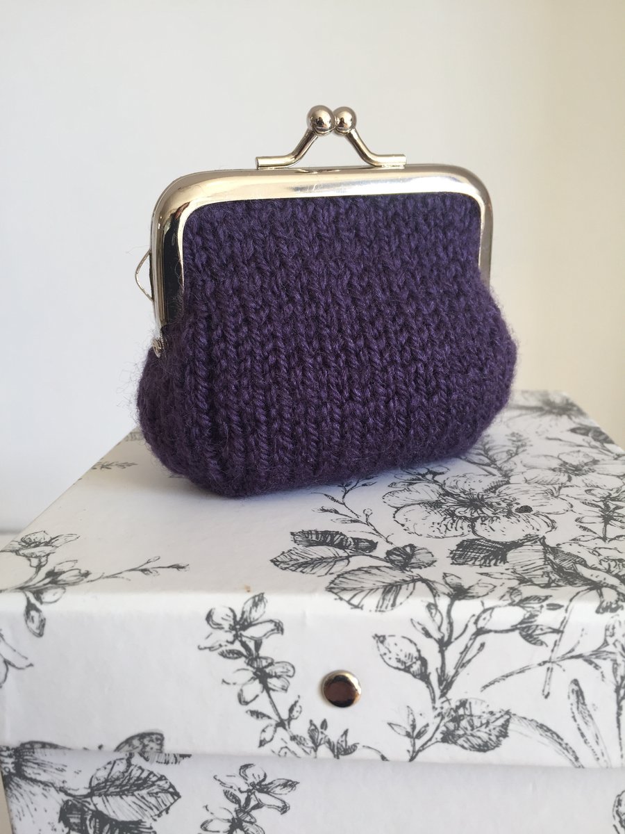 Purple Hand Knit  Metal Coin Purse with Kiss Lock Frame for Mothers Day