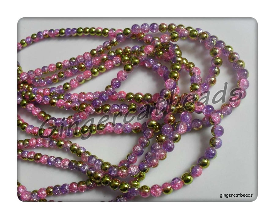 100 x Half-Plated Crackle Glass Beads - Round - 6mm - Pink & Purple With Gold