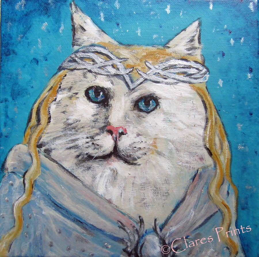 Galadriel Cat Art Original Acrylic Painting on Canvas OOAK Retro LOTR