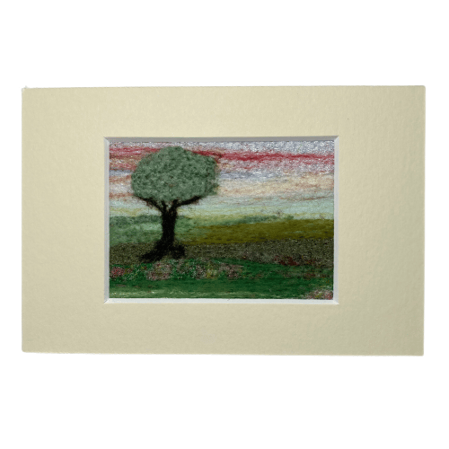 ACEO, Silk and wool textile art, needle felted, tree at sunrise