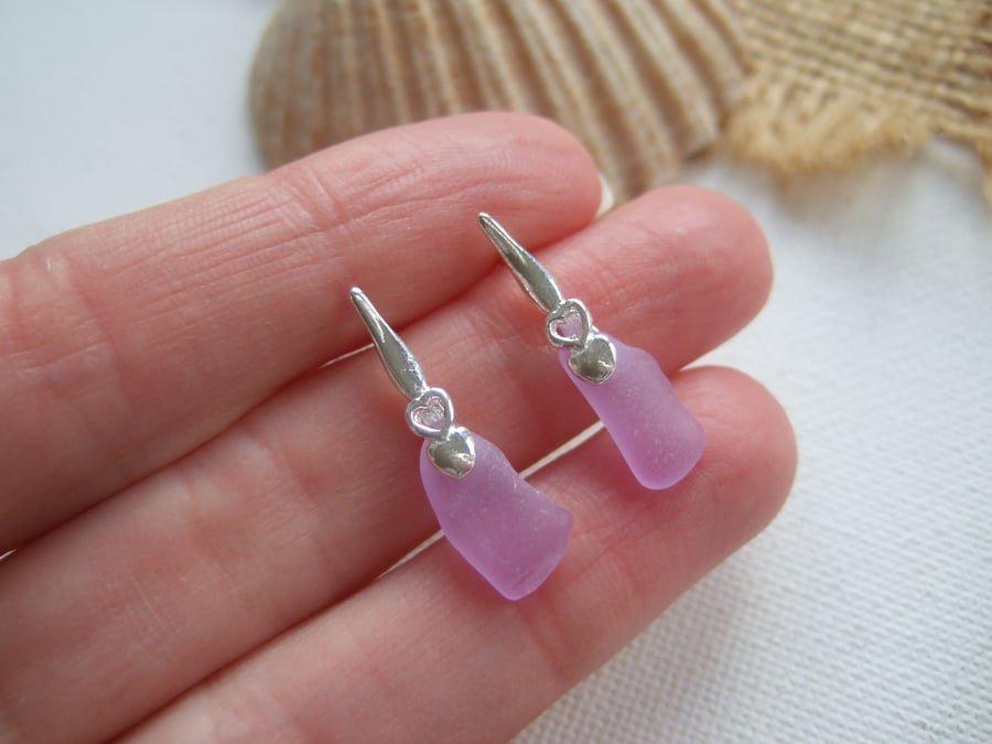 Purple sea glass earring, Neodymium beach heart studs, Spanish color changing