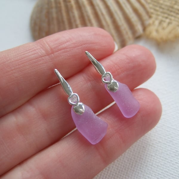 Purple sea glass earring, Neodymium beach heart studs, Spanish color changing