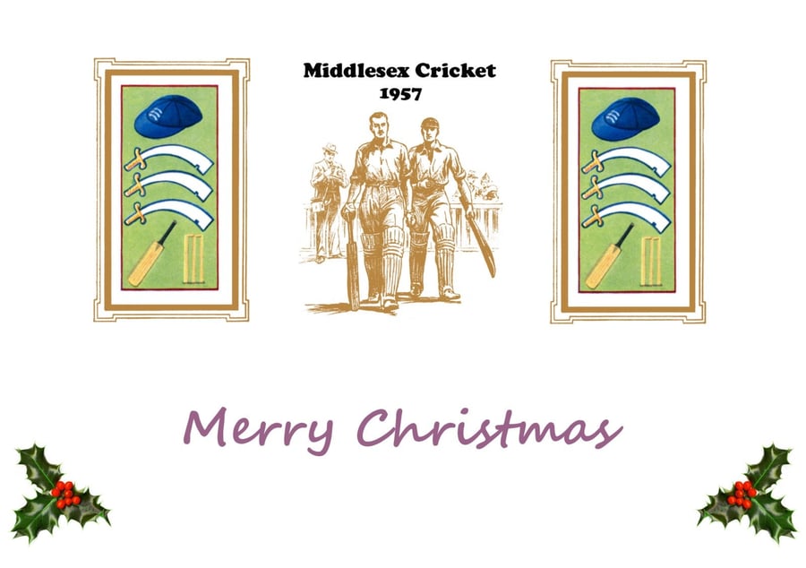 Christmas card cricket vintage 1957 Middlesex badge design.FREE UK P&P