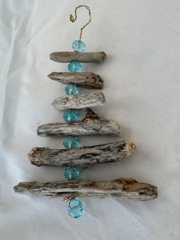 Driftwood Christmas Decoration with Upcycled Blue Beads