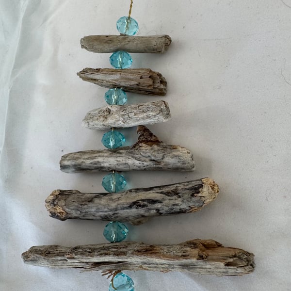 Driftwood Christmas Decoration with Upcycled Blue Beads