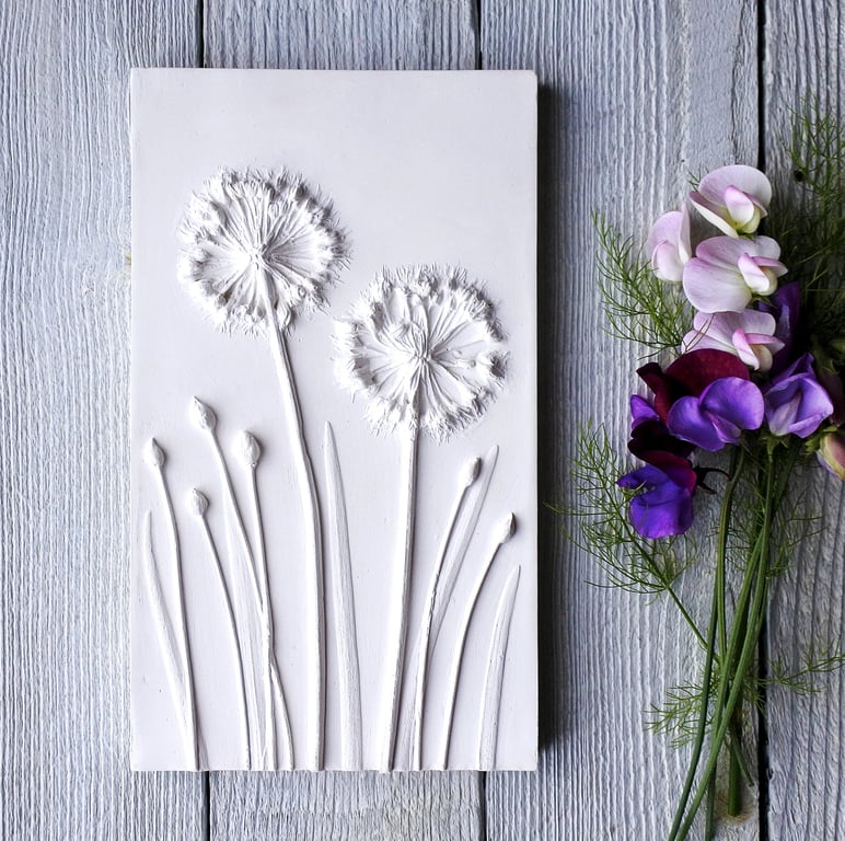 Allium & Chives Plaster Cast Plaque: Botanical Wall Art