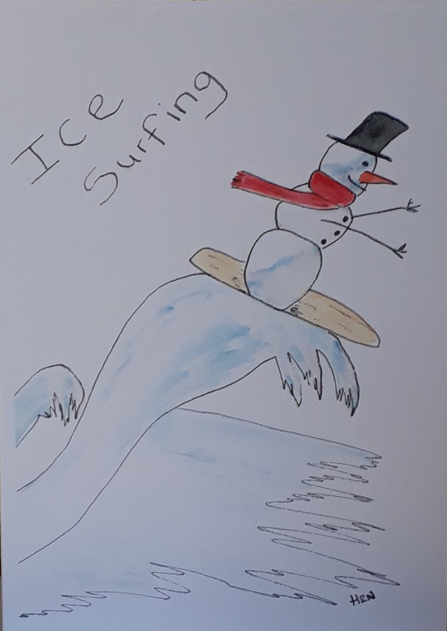 Snowman Ice Surfing Blank White A6 card printed