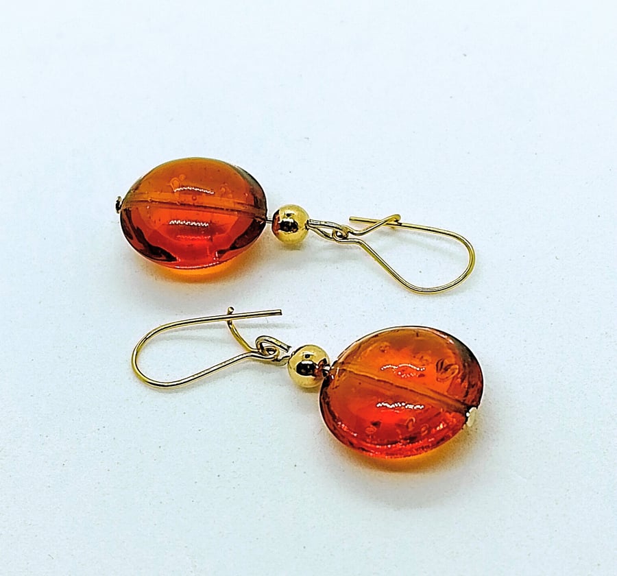 Dark Topaz Murano Glass Earrings, Gold Filled Earwires