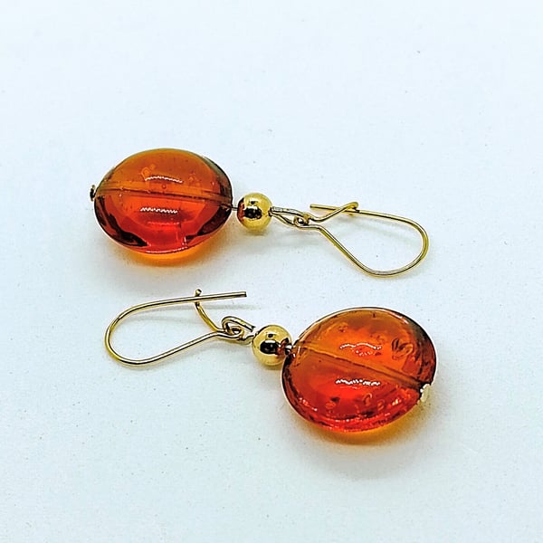 Dark Topaz Murano Glass Earrings, Gold Filled Earwires