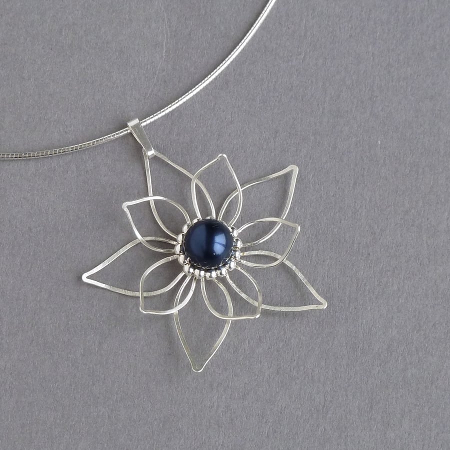 Silver and Navy Pearl Necklace - Wire Flower Bridal Necklace - Wedding Jewellery