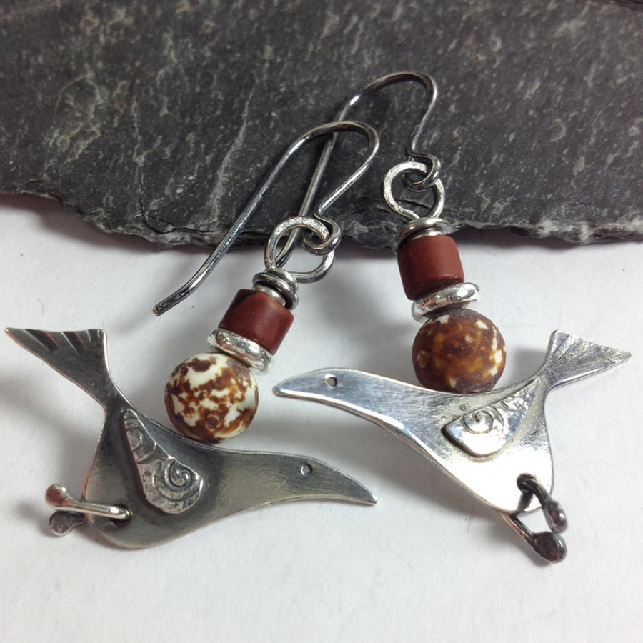 silver song bird earrings with  jasper.