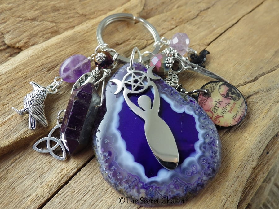 Dark Goddess Morrigan Gemstone Bag Charm, Loaded Keyring Keychain OOAK