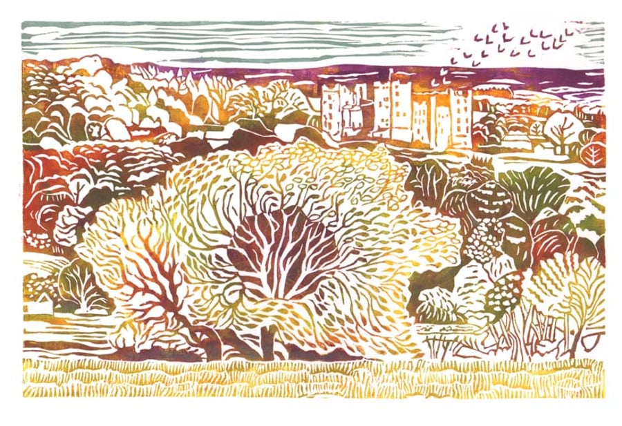 Hand-printed lino, Autumn, Bolton Castle, Wensleydale, Yorkshire , Denise Burden