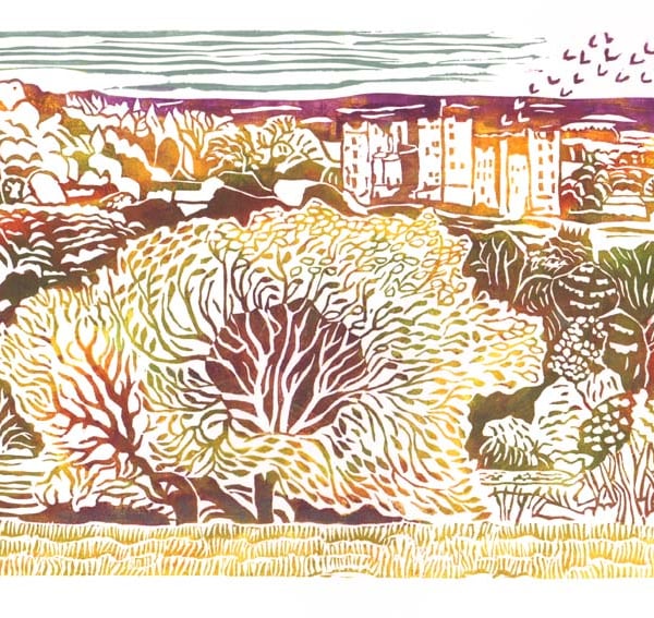 Hand-printed lino, Autumn, Bolton Castle, Wensleydale, Yorkshire , Denise Burden