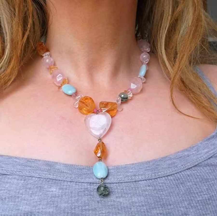 Rose Quartz, Amazonite and Citrine Y Necklace