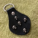 Black Leather Keyring - 5 Skull Heads - FREE SHIPPING