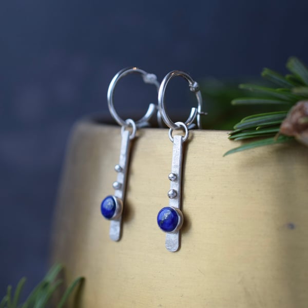 Silver Drop Earrings with Lapis Lazuli Stones - Hoop Earrings