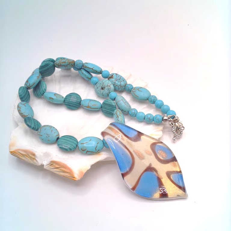 Perfectly Imperfect Pale Blue and White Glass Pendant on a Turquoise Necklace
