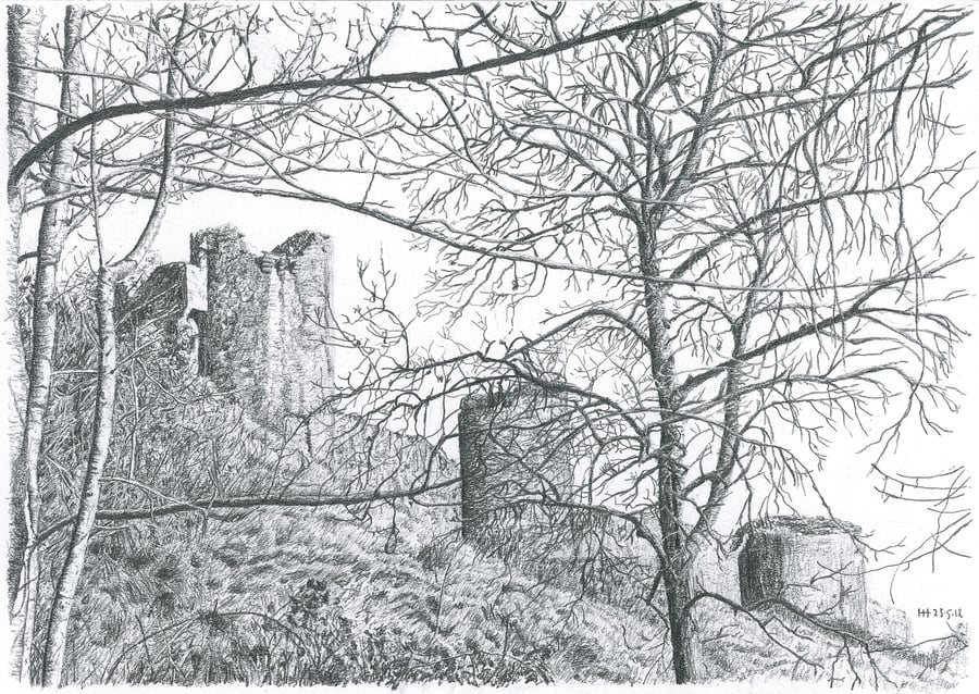 Original Pencil Picture of a different view of Corfe Castle, in Dorset