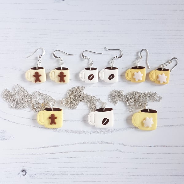 Winter hot drink mug earrings and necklaces - choose your style, colour