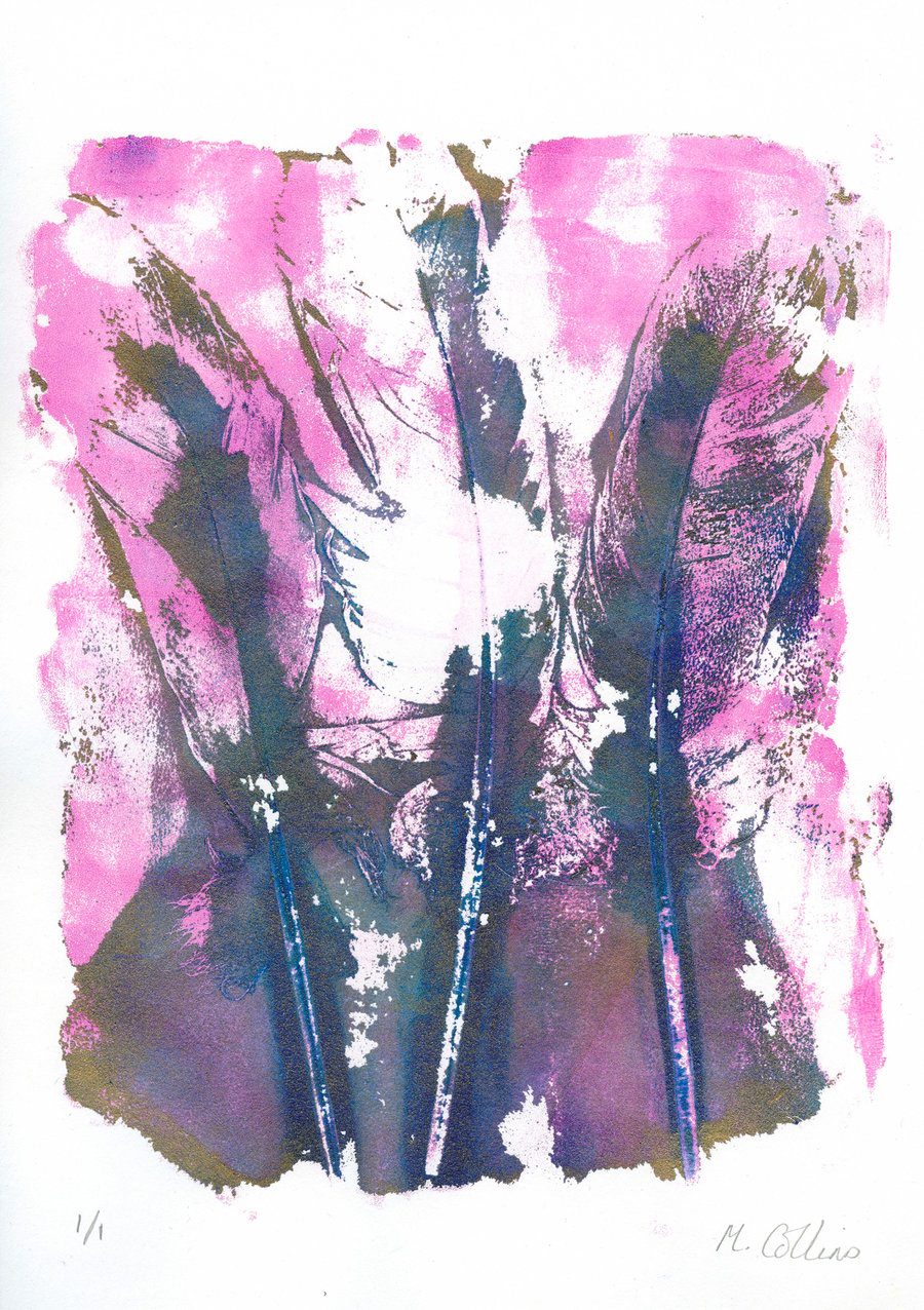 'Pink Feather Trio' - Original one-off monoprint in acrylic unmounted