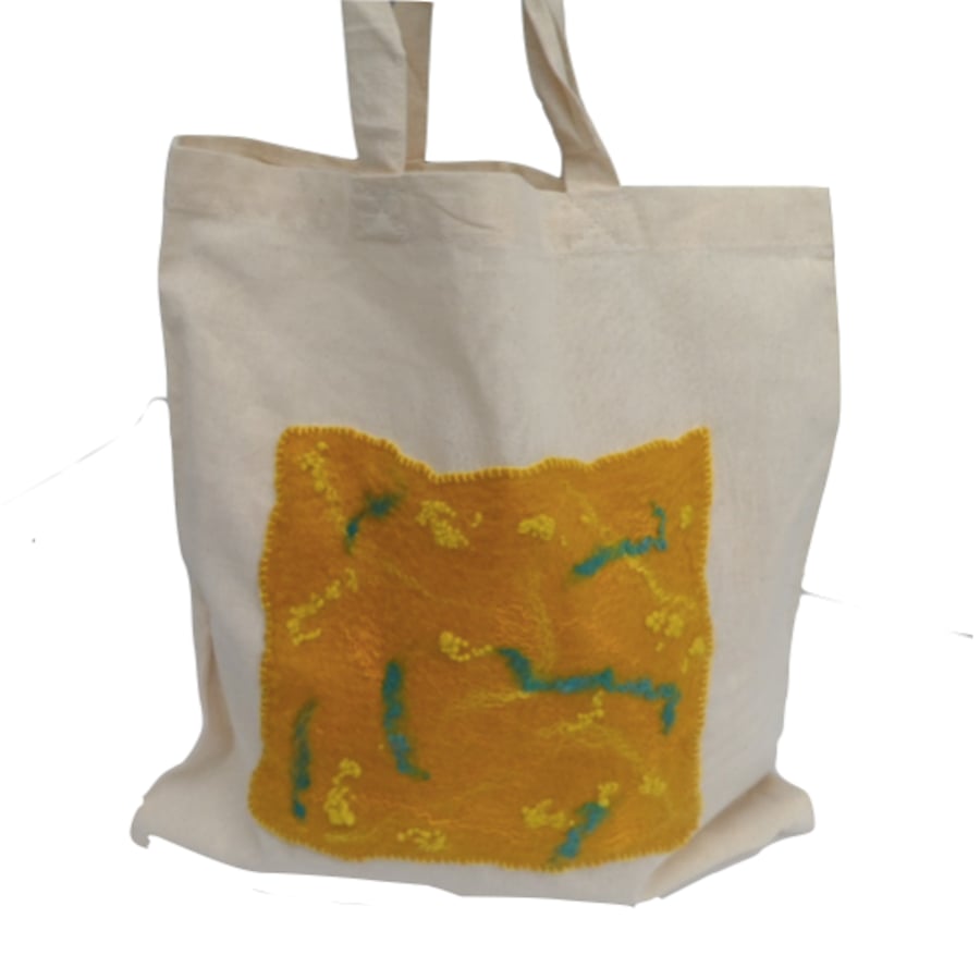 Cotton Tote Bag with yellow and turquoise hand felted panel - SALE