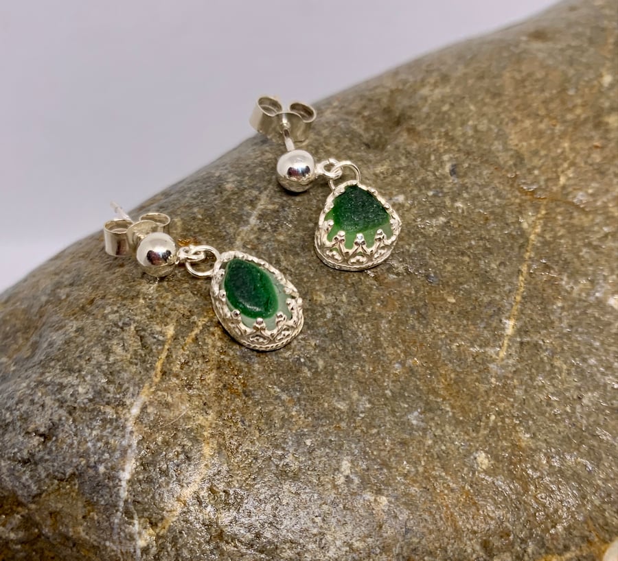 Green Multi Seaglass Shell Sterling Silver Earrings - 1270