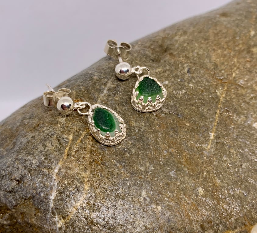 Green Multi Seaglass Shell Sterling Silver Earrings - 1270