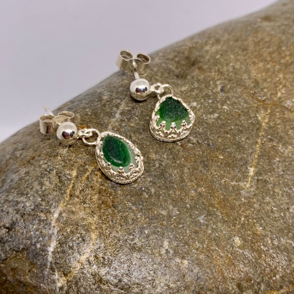 Green Multi Seaglass Shell Sterling Silver Earrings - 1270