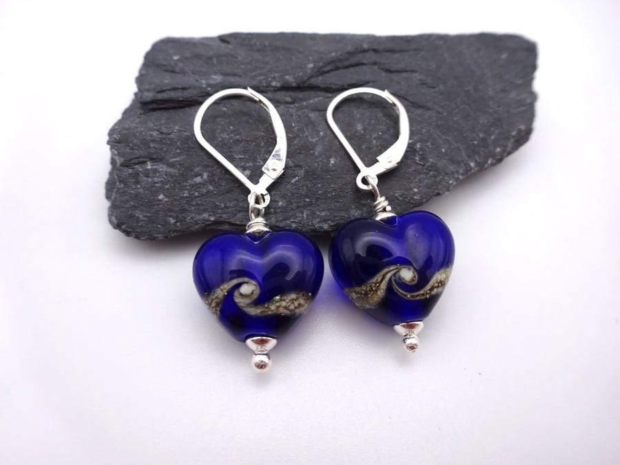 blue heart lampwork glass earrings