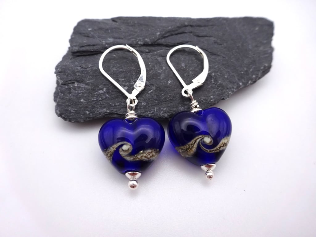 blue heart lampwork glass earrings